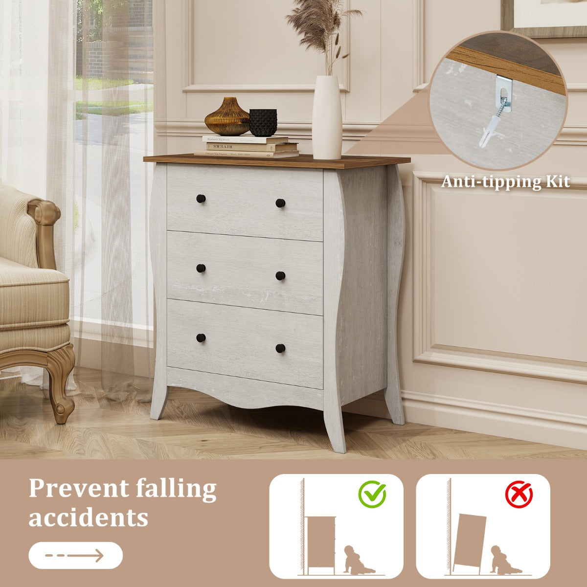 LIVSK Rustieke Ladekast met 3 Lades - Hoogwaardig Materiaal - Anti-Kantelset - Voor Woonkamer Slaapkamer - 67,5 x 38,5 x 76,5 cm
