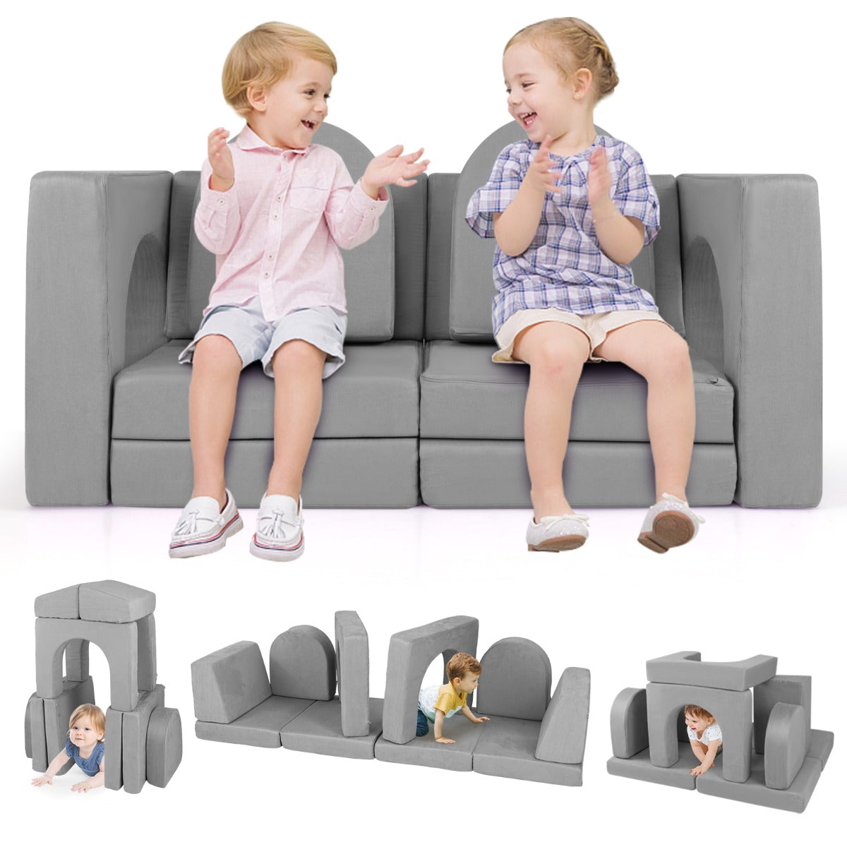 LIVSK Modulaire Schuimblokken Set - 8 Delen voor Creatief Spelen - Slijtvast Suède - Educatief - Voor Kinderen - Grijs/Paarse