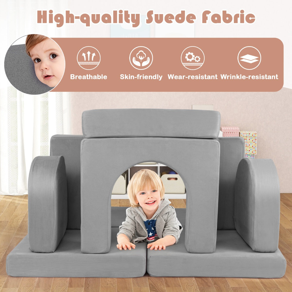 LIVSK Modulaire Schuimblokken Set - 8 Delen voor Creatief Spelen - Slijtvast Suède - Educatief - Voor Kinderen - Grijs/Paarse