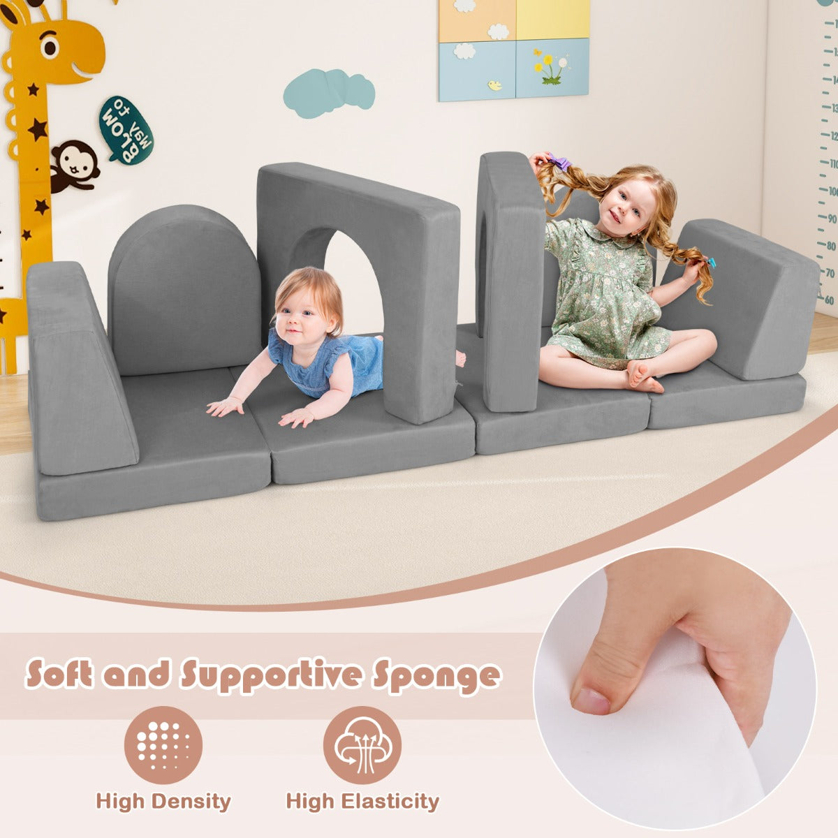 LIVSK Modulaire Schuimblokken Set - 8 Delen voor Creatief Spelen - Slijtvast Suède - Educatief - Voor Kinderen - Grijs/Paarse