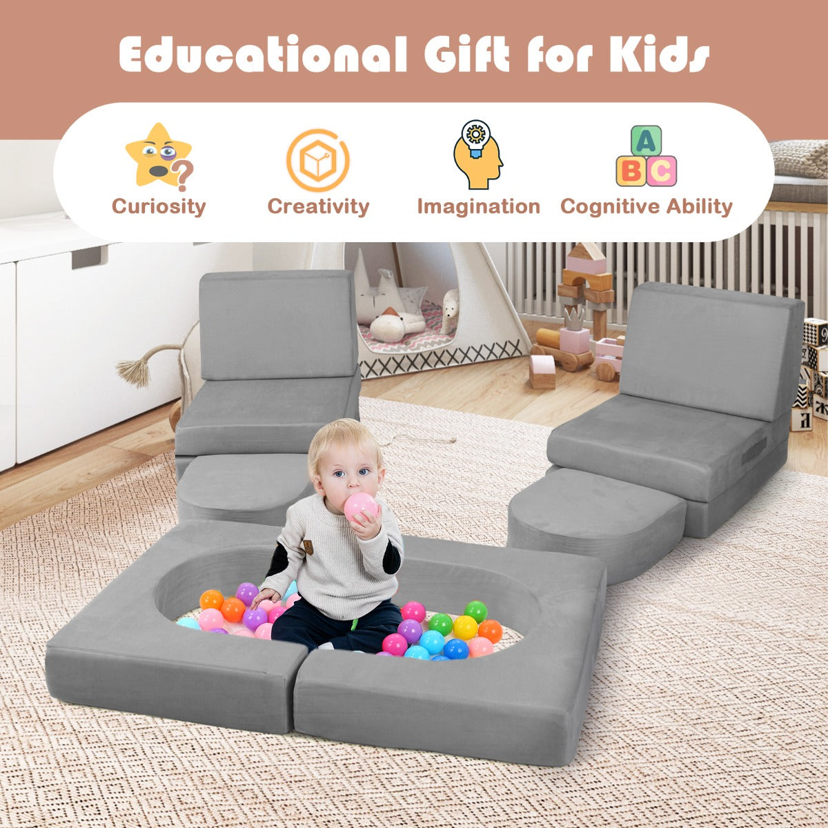LIVSK Modulaire Schuimblokken Set - 8 Delen voor Creatief Spelen - Slijtvast Suède - Educatief - Voor Kinderen - Grijs/Paarse