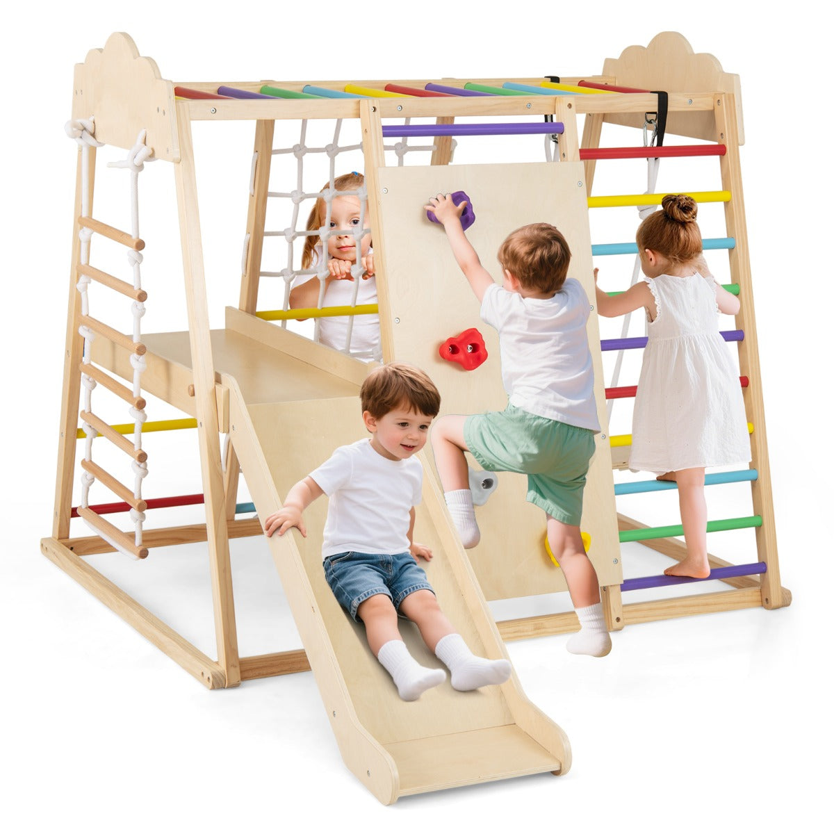 LIVSK 8 - in - 1 Montessori Klimrek - Houten Klimstangen - Glijbaan - Schommel - Touwladder - Klimstenen - Veilig Speelgoed