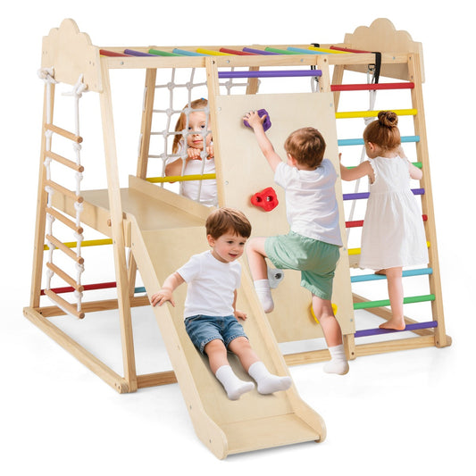 LIVSK 8 - in - 1 Montessori Klimrek - Houten Klimstangen - Glijbaan - Schommel - Touwladder - Klimstenen - Veilig Speelgoed