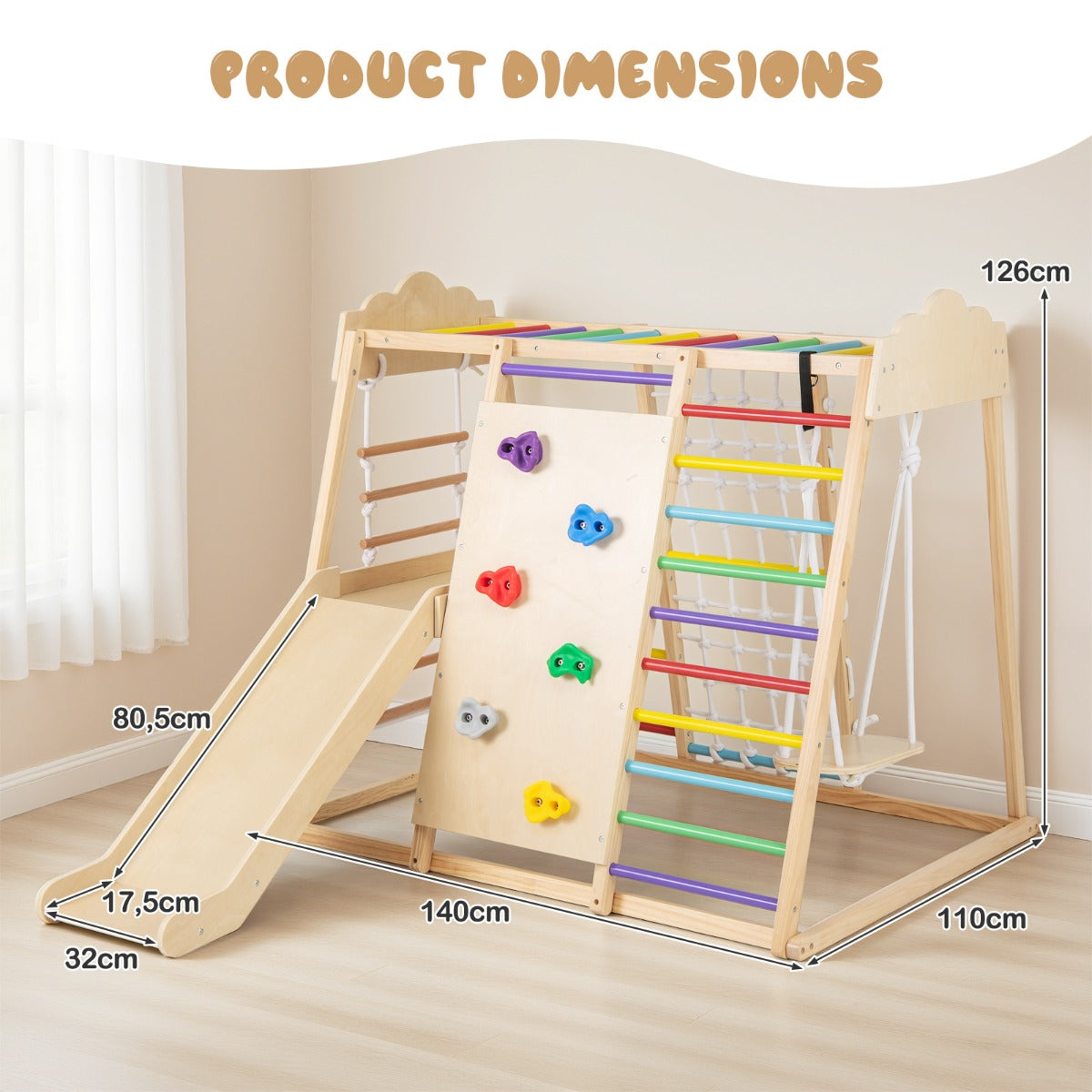 LIVSK 8 - in - 1 Montessori Klimrek - Houten Klimstangen - Glijbaan - Schommel - Touwladder - Klimstenen - Veilig Speelgoed