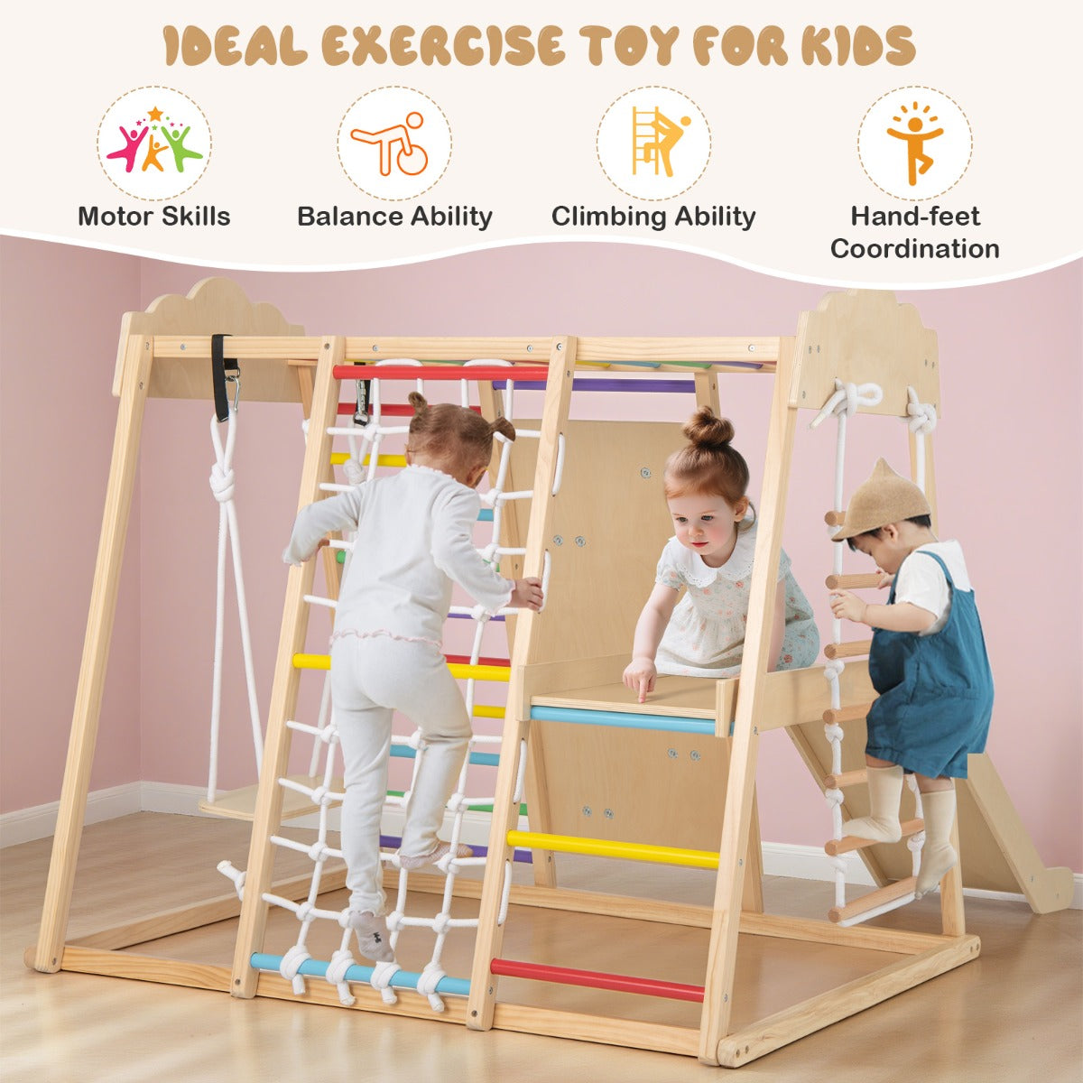 LIVSK 8 - in - 1 Montessori Klimrek - Houten Klimstangen - Glijbaan - Schommel - Touwladder - Klimstenen - Veilig Speelgoed