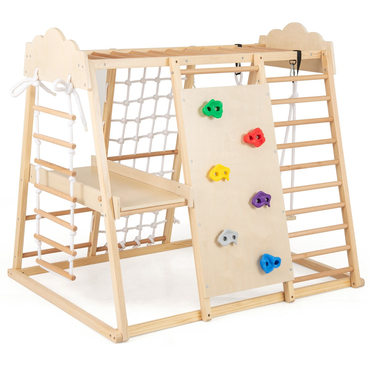 LIVSK Indoor Klimtoren 8 - in - 1 - Houten Montessori Speelset met Glijbaan, Schommel en Klimstenen - Veilig en Ruim - Natuurlijk