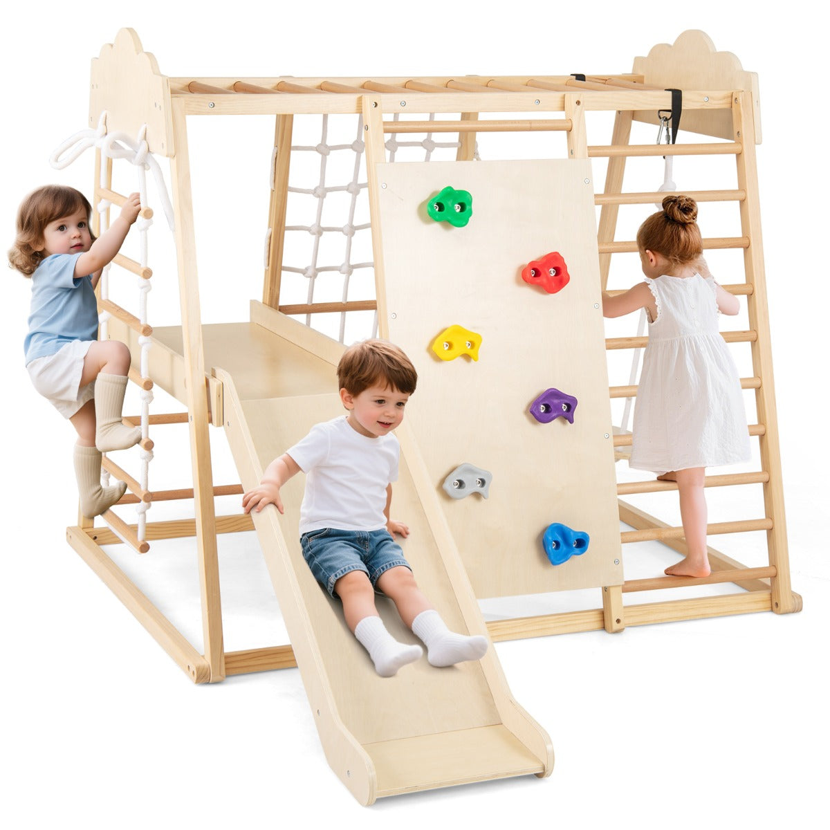 LIVSK Indoor Klimtoren 8 - in - 1 - Houten Montessori Speelset met Glijbaan, Schommel en Klimstenen - Veilig en Ruim - Natuurlijk