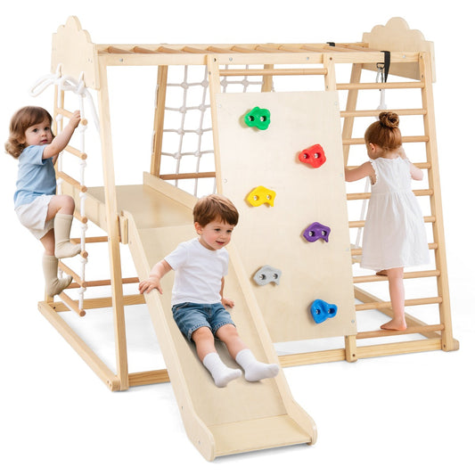 LIVSK Indoor Klimtoren 8 - in - 1 - Houten Montessori Speelset met Glijbaan, Schommel en Klimstenen - Veilig en Ruim - Natuurlijk