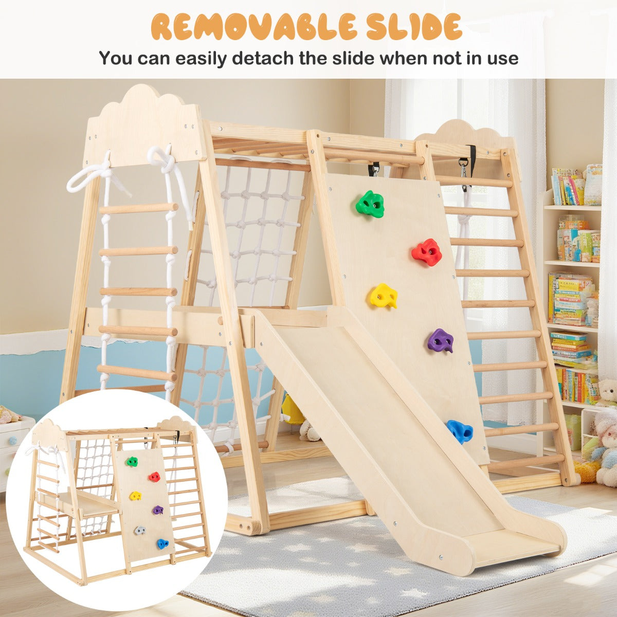 LIVSK Indoor Klimtoren 8 - in - 1 - Houten Montessori Speelset met Glijbaan, Schommel en Klimstenen - Veilig en Ruim - Natuurlijk