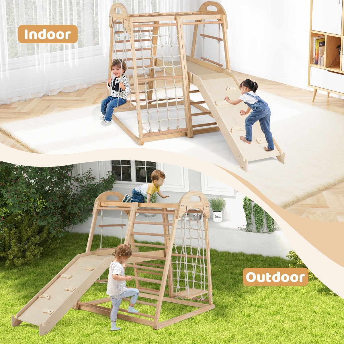 Livsk costway 8 in 1 jungletoestel montessori klimrek van hout met glijbaan speelplaats voor kinderen van 3 5 jaar naturel 5