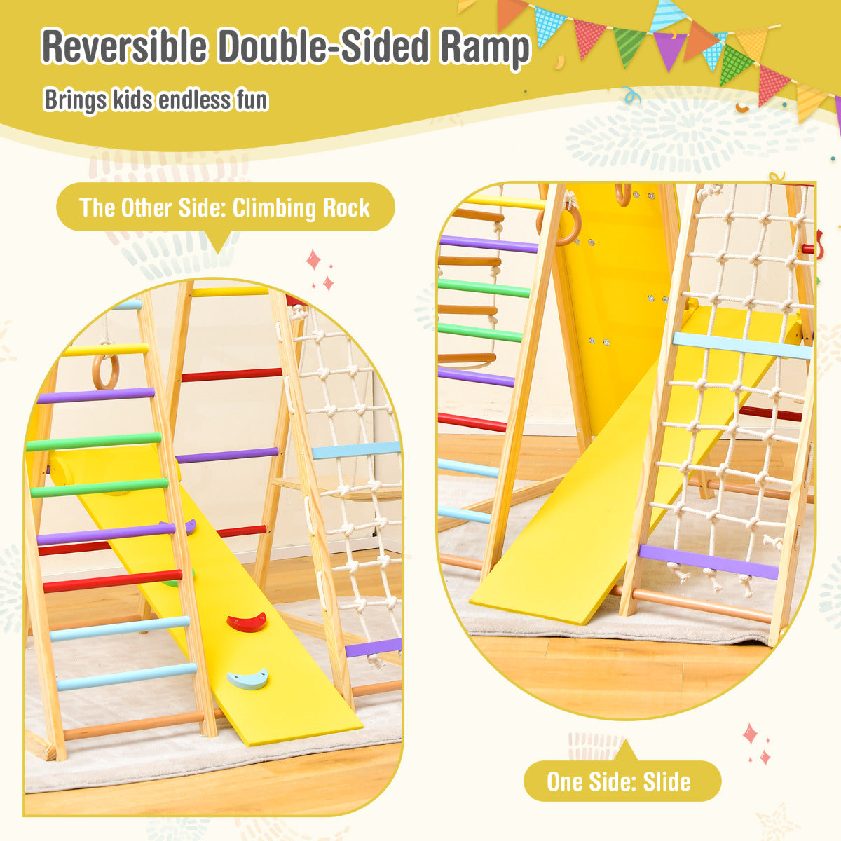 LIVSK 8-in-1 Houten Speelplaats - Klimrek, Turnringen, Glijbaan, Touwladder - Voor 4 Kinderen - 127 x 118 x 138 cm - Kleurrijk
