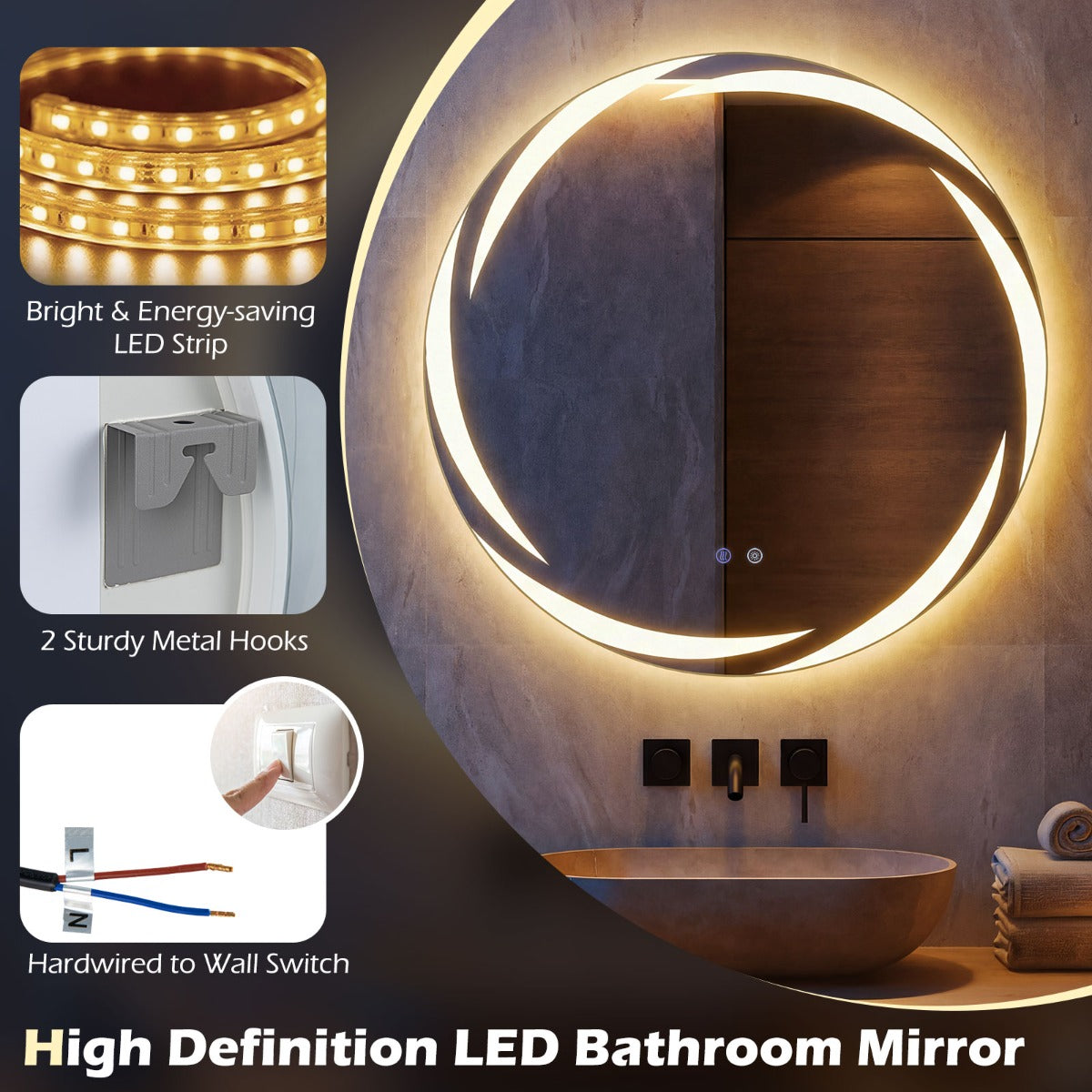 Livsk costway 80 cm ronde led badkamerspiegel explosieveilige geharde glazen wandspiegel met 3 kleurenverlichting en anticondens