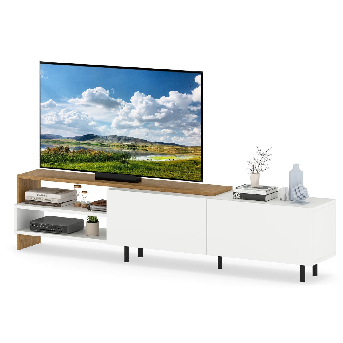 Livsk costway 80 inch televisiekast entertainmentcentrum met opbergplanken metalen kast en standaard