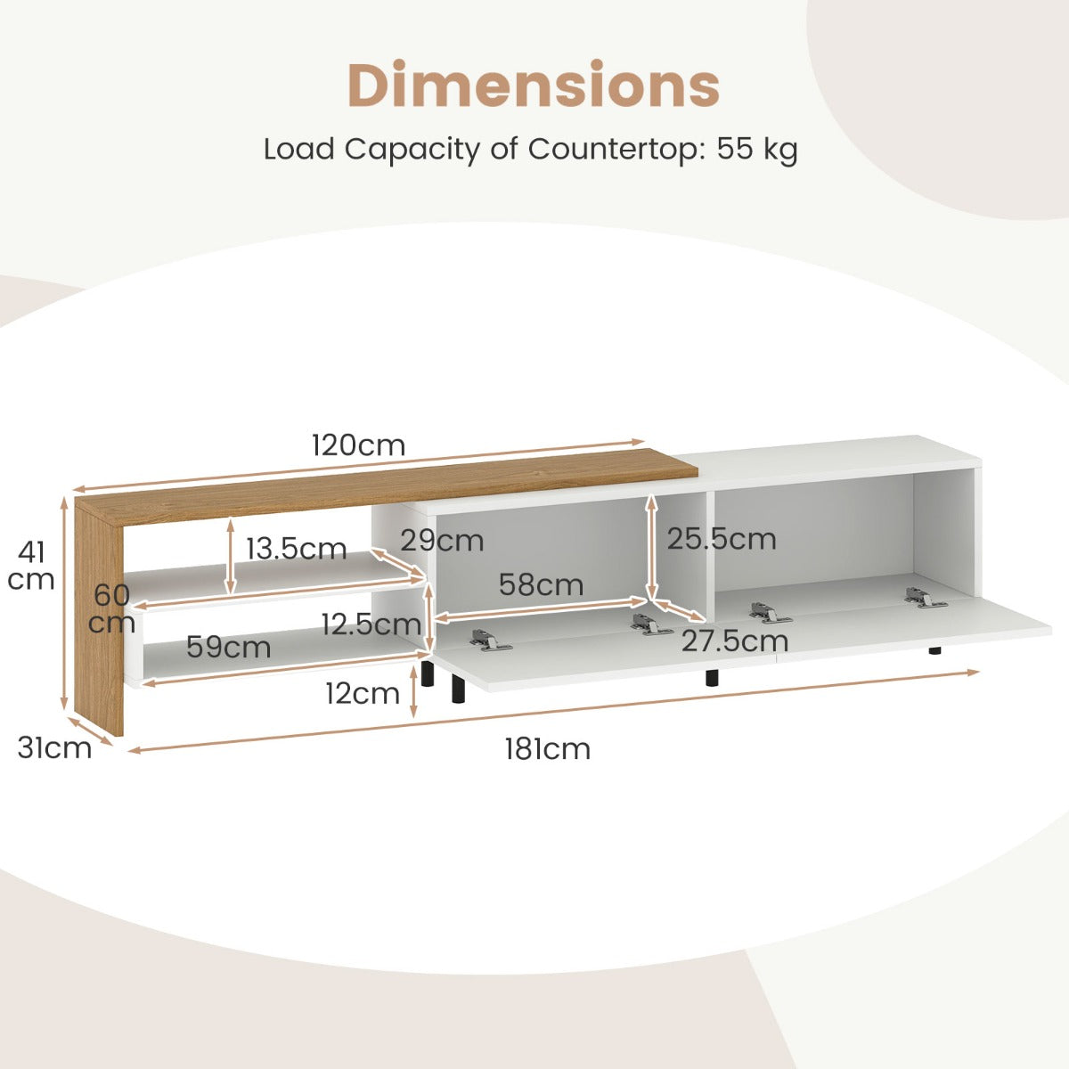 Livsk costway 80 inch televisiekast entertainmentcentrum met opbergplanken metalen kast en standaard 2
