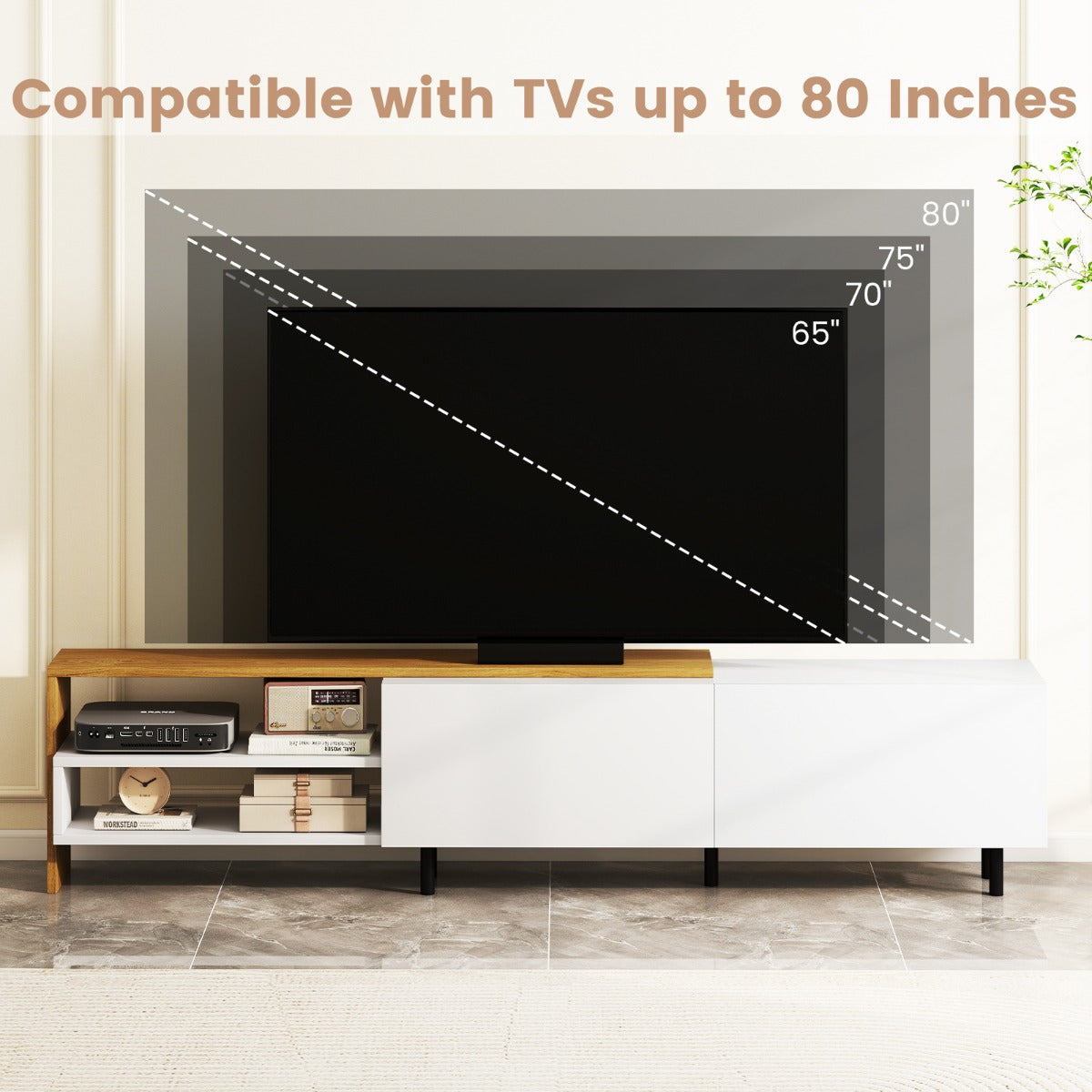 Livsk costway 80 inch televisiekast entertainmentcentrum met opbergplanken metalen kast en standaard 3