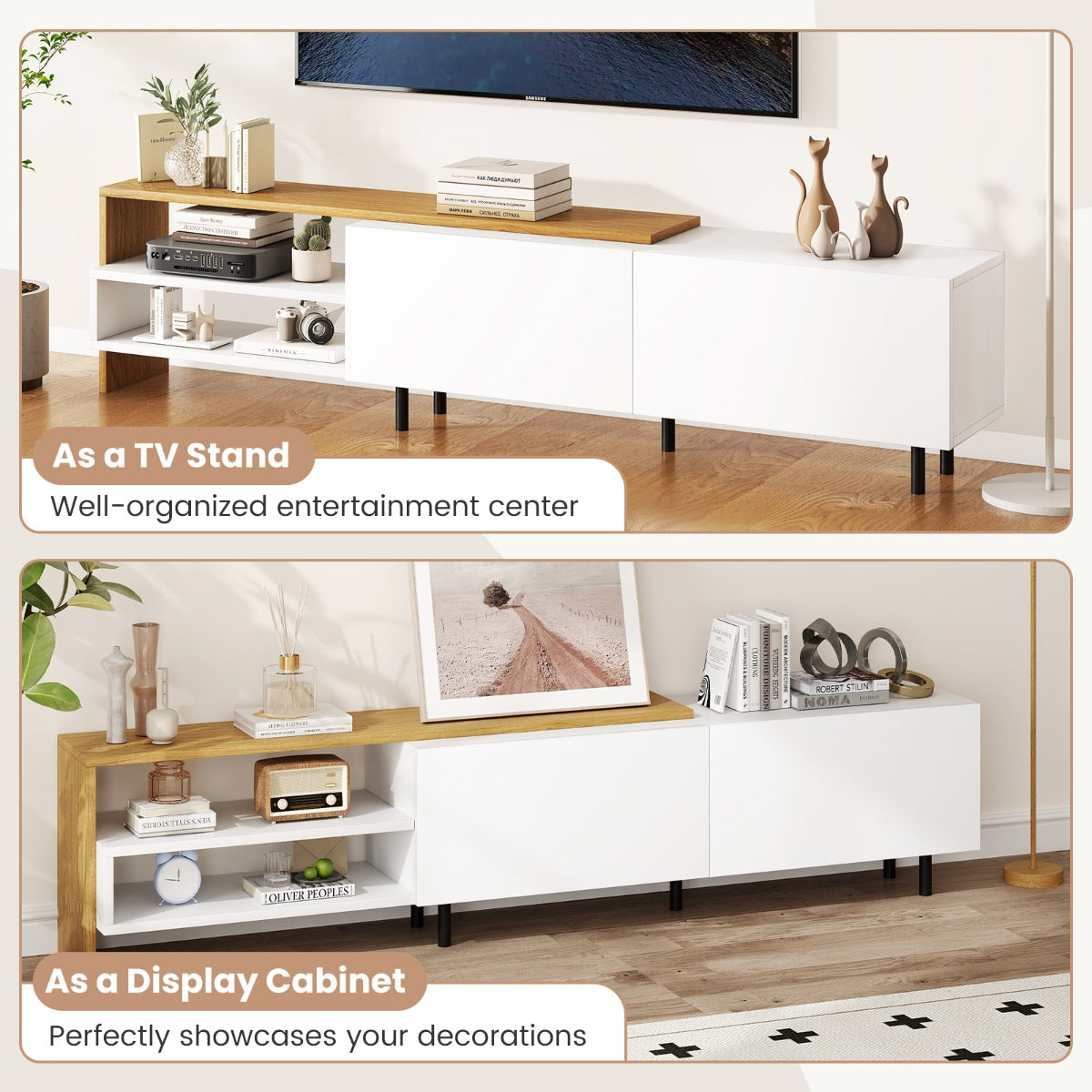 Livsk costway 80 inch televisiekast entertainmentcentrum met opbergplanken metalen kast en standaard 5