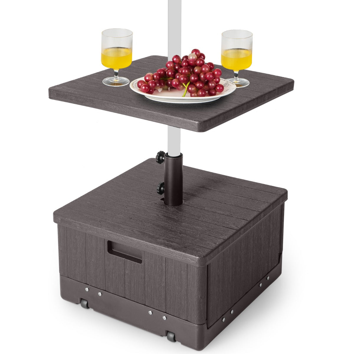 LIVSK 3-in-1 Parasolstandaard met Tafelblad - Stevige HDPE en Metaal - Wielen en Handvat - Geschikt voor 38/48 mm Parasols - Bruin