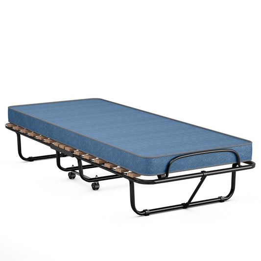 LIVSK Inklapbaar Logeerbed met Traagschuim - Staal Frame tot 130 kg - 4 Wielen voor Eenvoudig Verplaatsen - Blauw/Zwart