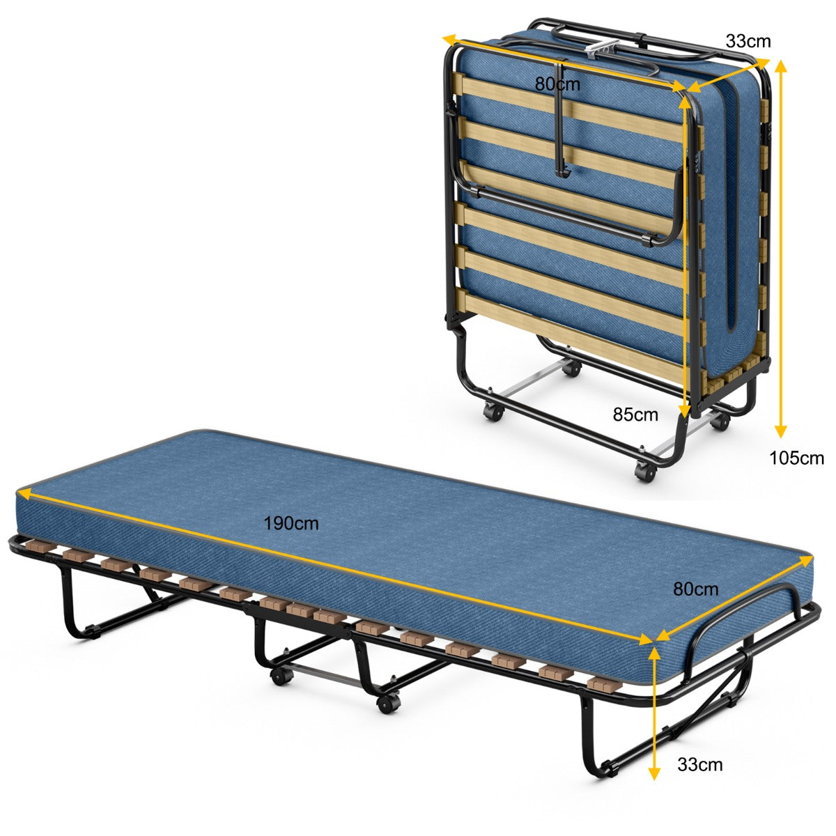 LIVSK Inklapbaar Logeerbed met Traagschuim - Staal Frame tot 130 kg - 4 Wielen voor Eenvoudig Verplaatsen - Blauw/Zwart