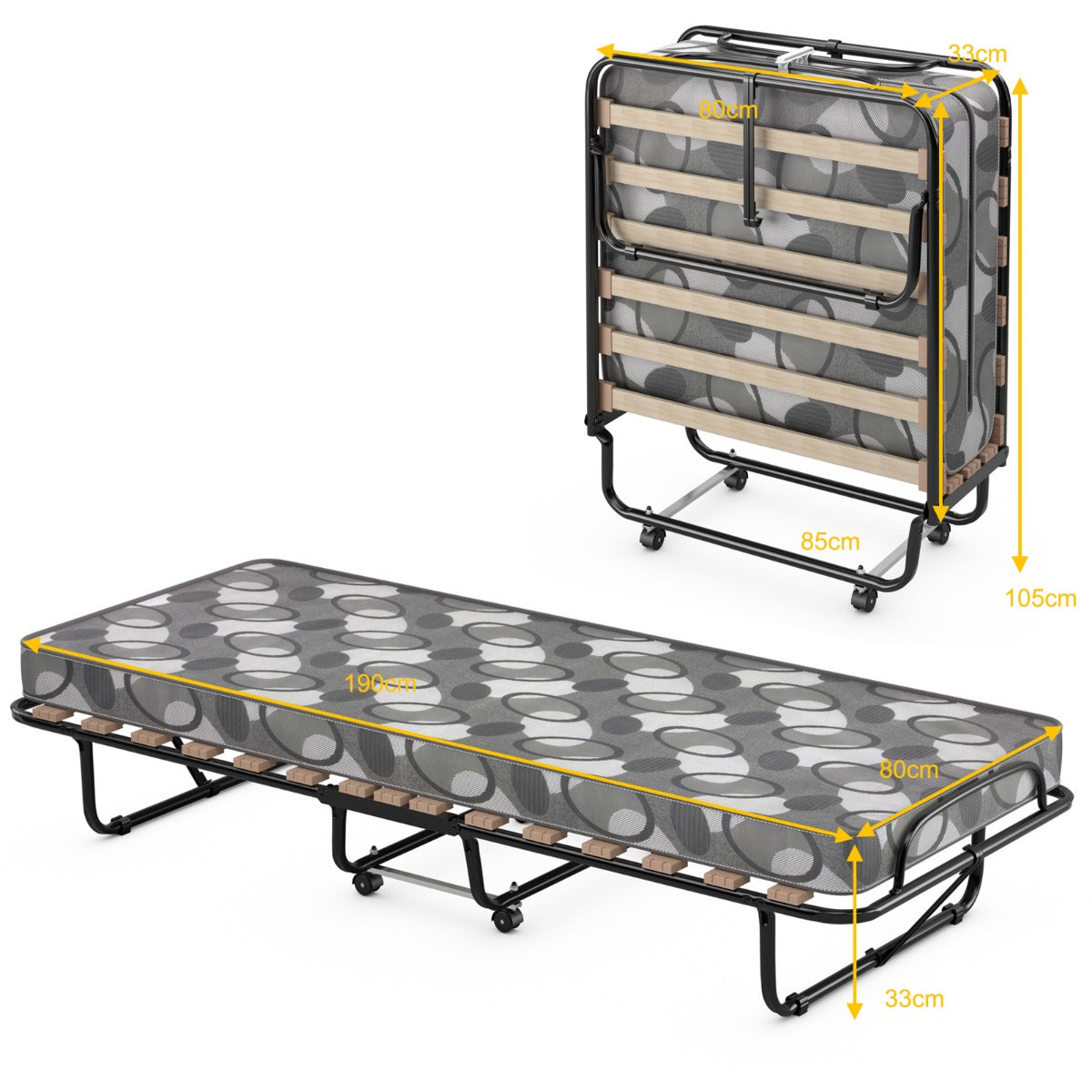 LIVSK Opklapbaar Logeerbed - Traagschuimmatras - Stalen Frame met Antislip - Draagvermogen tot 130 kg - 190 x 80 x 33 cm -