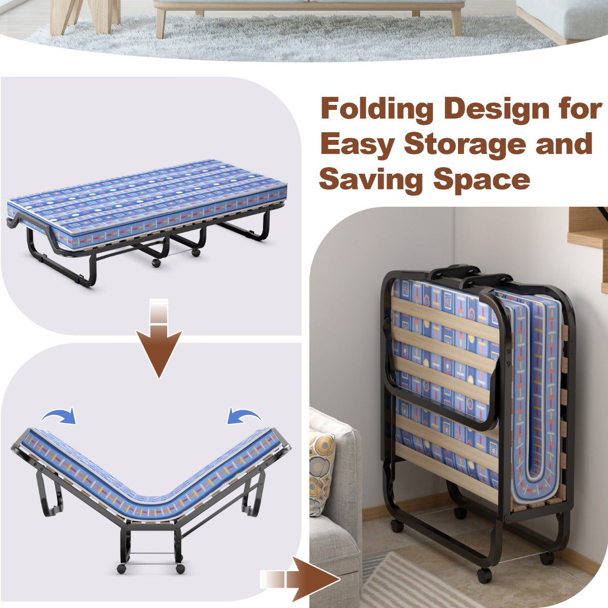 LIVSK Opklapbed met Matras - Stevig Staal - 10 cm Traagschuim - Ruimtebesparend - Tot 120 kg - Blauw