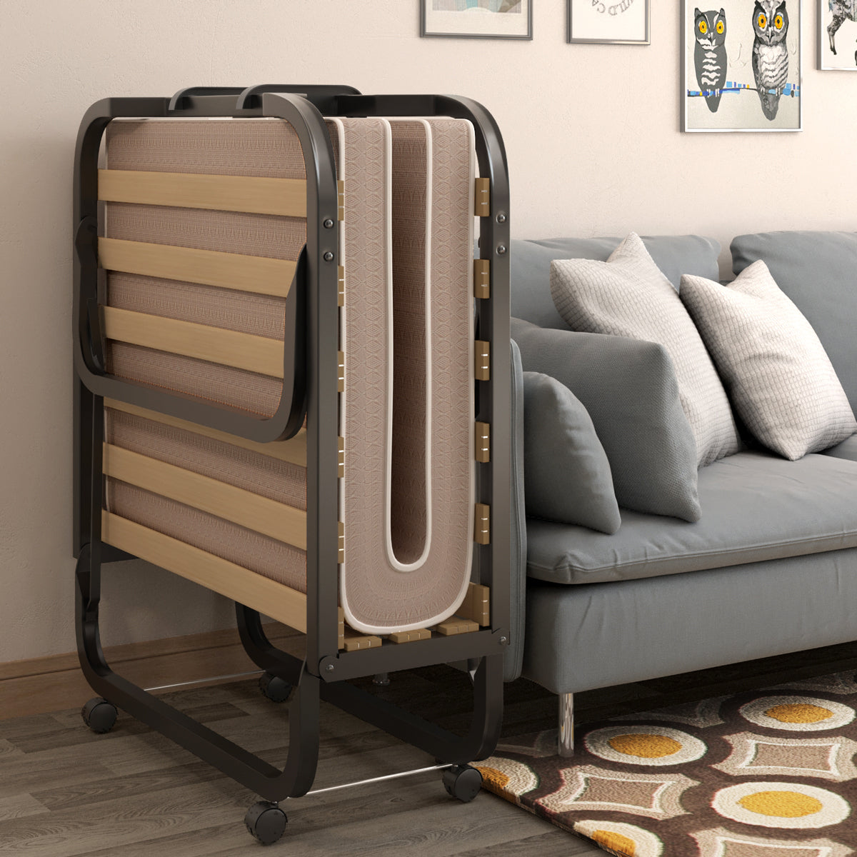 LIVSK Vouwbed met Traagschuim Matras - Stevig Stalen Frame - Opvouwbaar en Verplaatsbaar - Tot 120 kg - Zwart/Beige