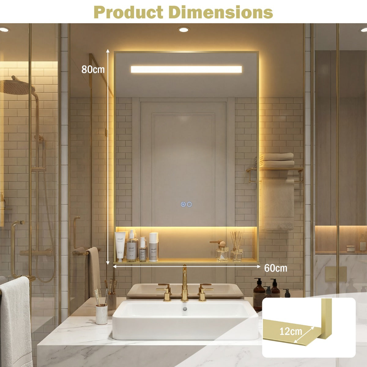 Livsk costway 80 x 60 cm led badkamerspiegel met opbergvak aluminium frame make upspiegel met anticondensfunctie 1 1