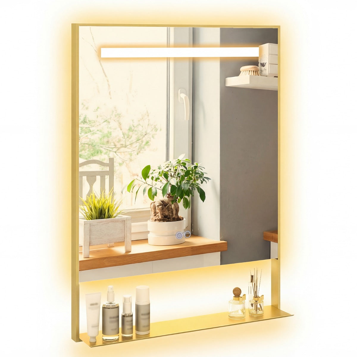 Livsk costway 80 x 60 cm led badkamerspiegel met opbergvak aluminium frame make upspiegel met anticondensfunctie