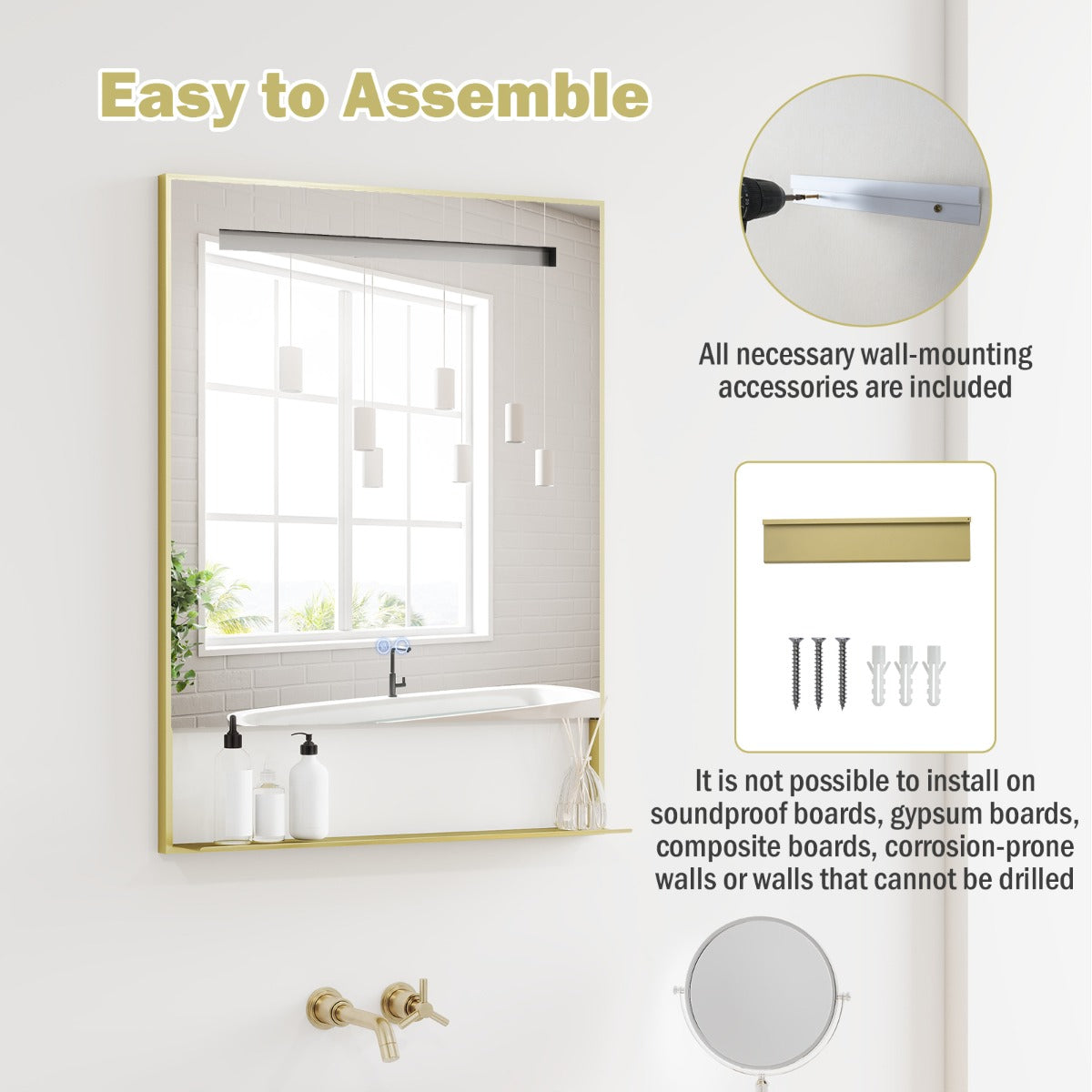 Livsk costway 80 x 60 cm led badkamerspiegel met opbergvak aluminium frame make upspiegel met anticondensfunctie 5