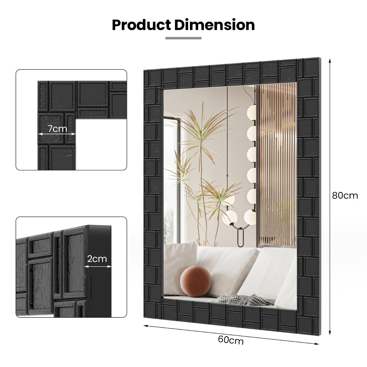 LIVSK Moderne Make-upspiegel - Vierkant Rubberhout Frame - Verticale & Horizontale Ophanging - 80 x 60 cm - Zwart