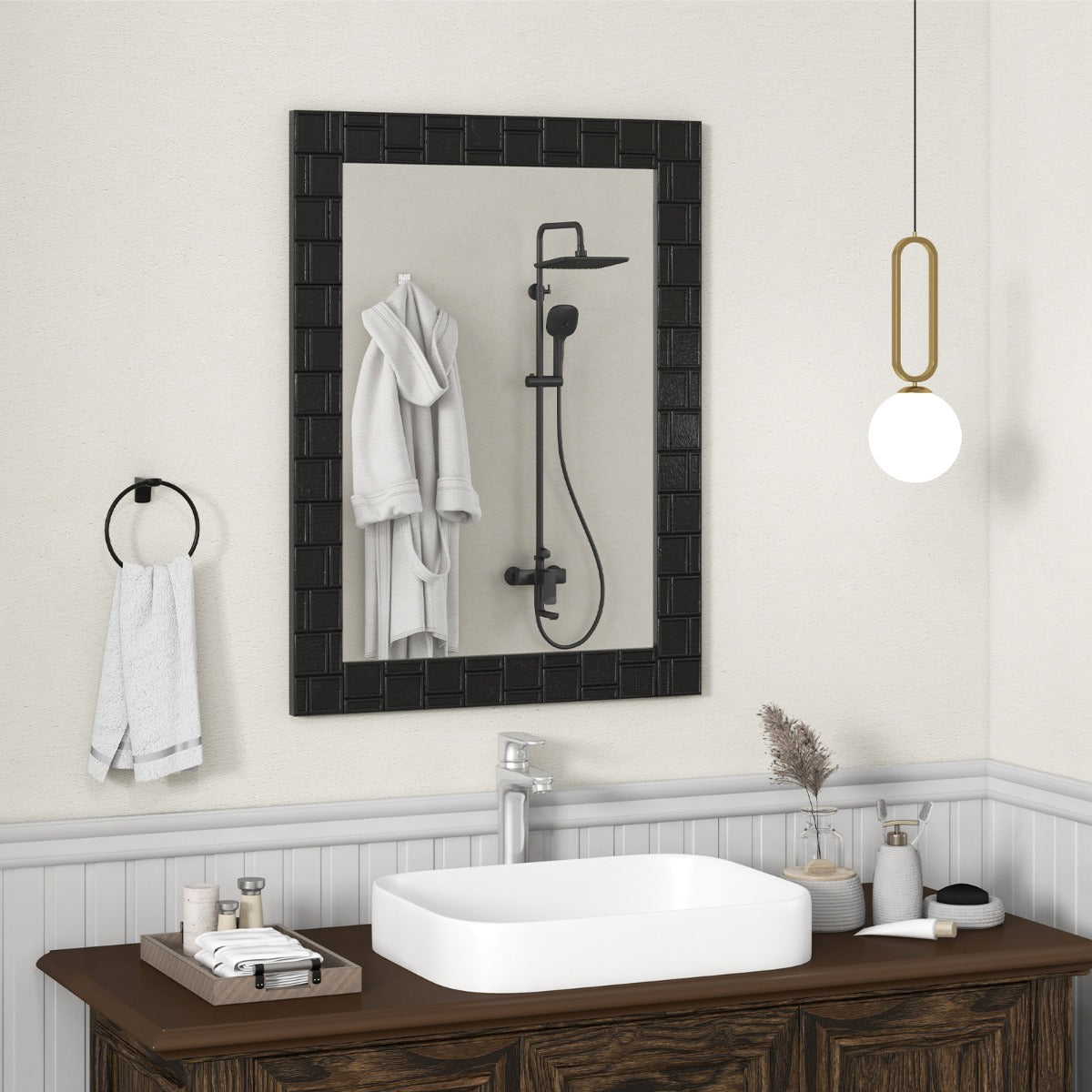 LIVSK Moderne Make-upspiegel - Vierkant Rubberhout Frame - Verticale & Horizontale Ophanging - 80 x 60 cm - Zwart