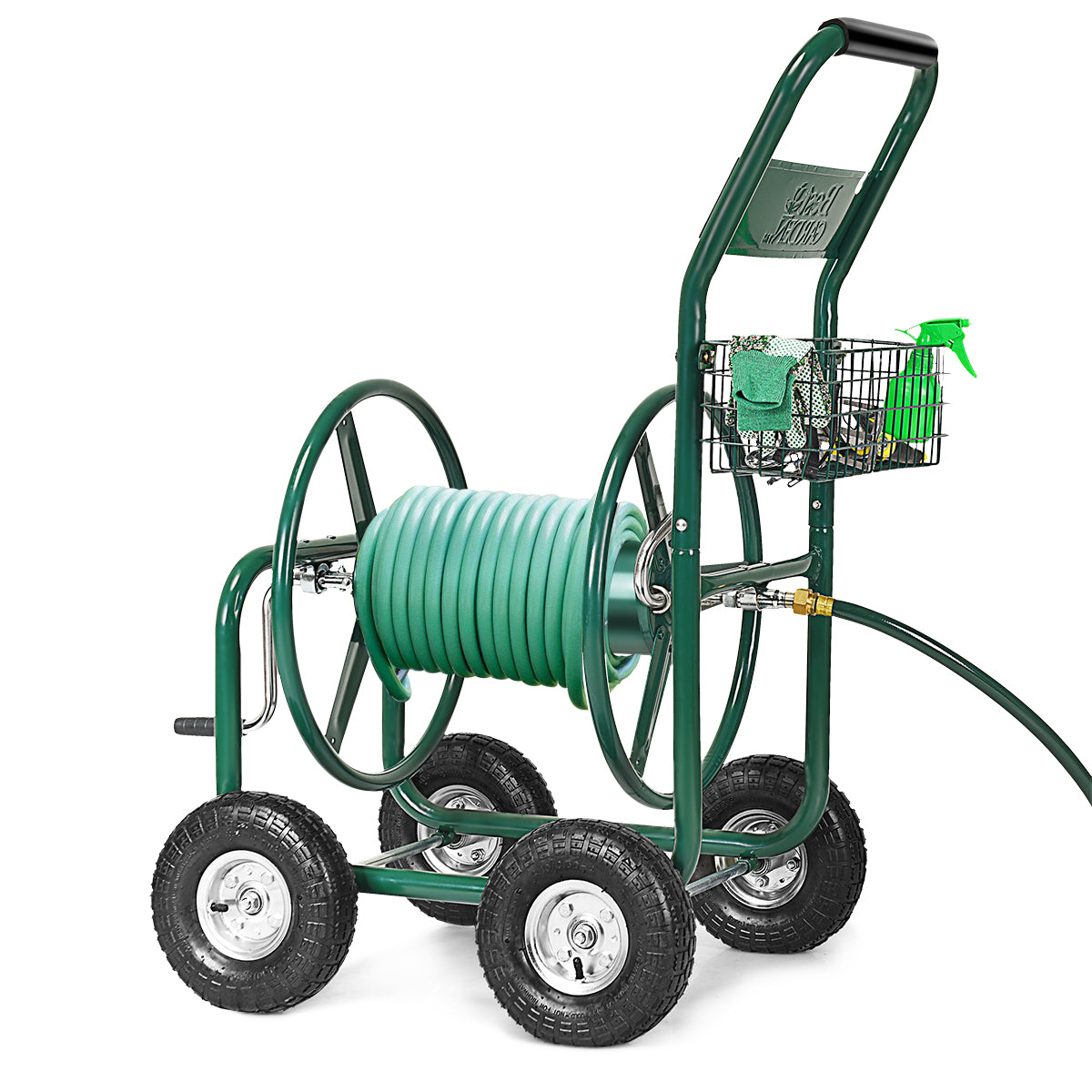 Livsk costway 80m slangwagen tuinslangwagen voor 5 8 slang slanghaspel met mand slanghouder metaal slanghaspel met 189cm aansluitslang