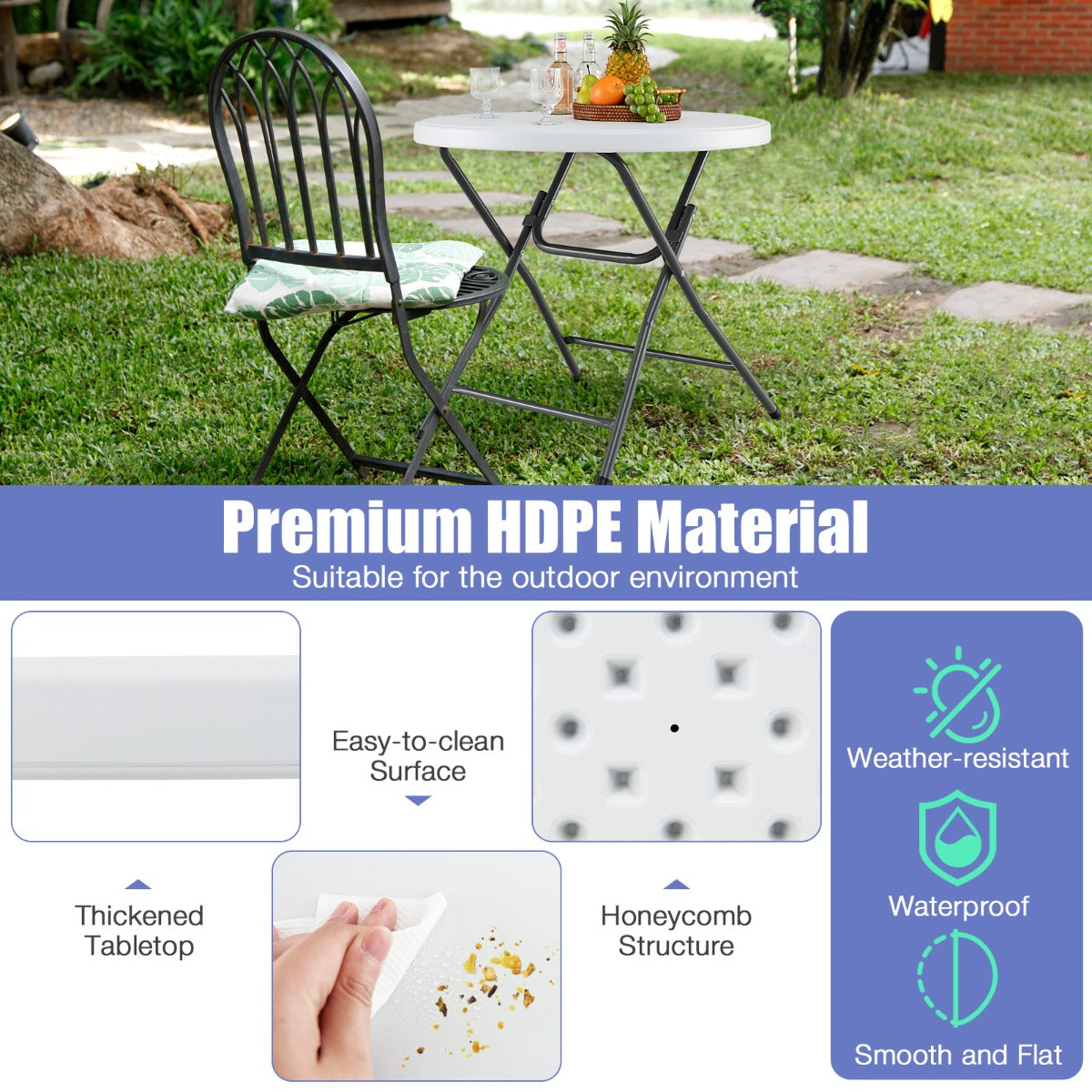 LIVSK Opvouwbare Tafel - Weerbestendig HDPE - Robuuste Metalen Poten - Draagvermogen 75 kg - Ideaal voor Binnen en Buiten - Wit