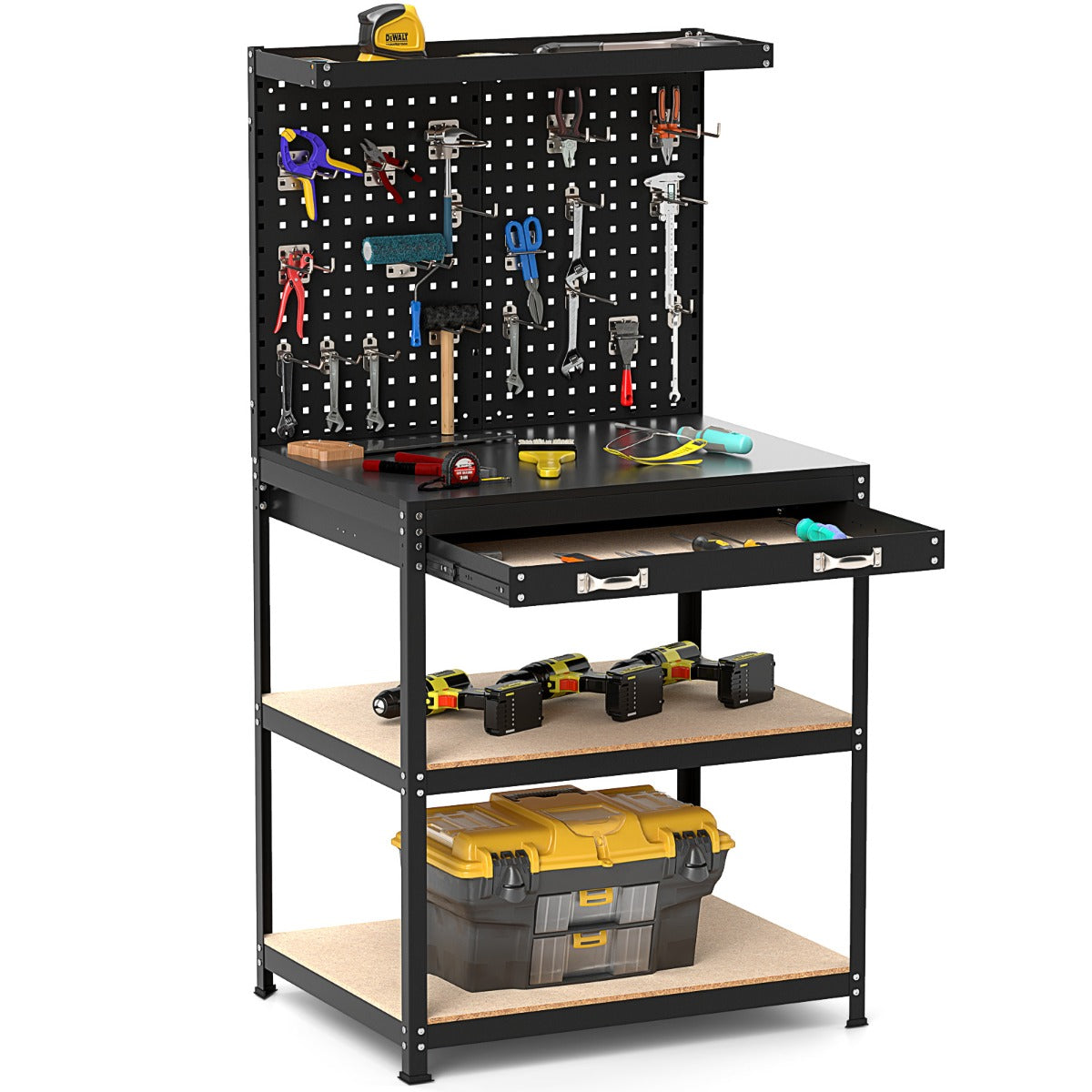 LIVSK Geperforeerde Werkbank - Robuuste Tafel met Bovenste Plank en Lade - Tot 225 kg - Inclusief Ophangaccessoires - Zwart