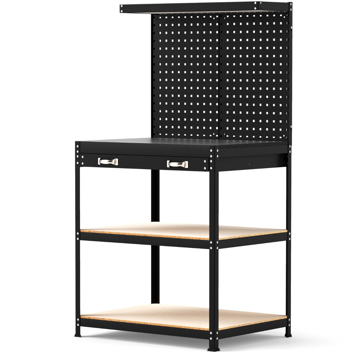 LIVSK Geperforeerde Werkbank - Robuuste Tafel met Bovenste Plank en Lade - Tot 225 kg - Inclusief Ophangaccessoires - Zwart