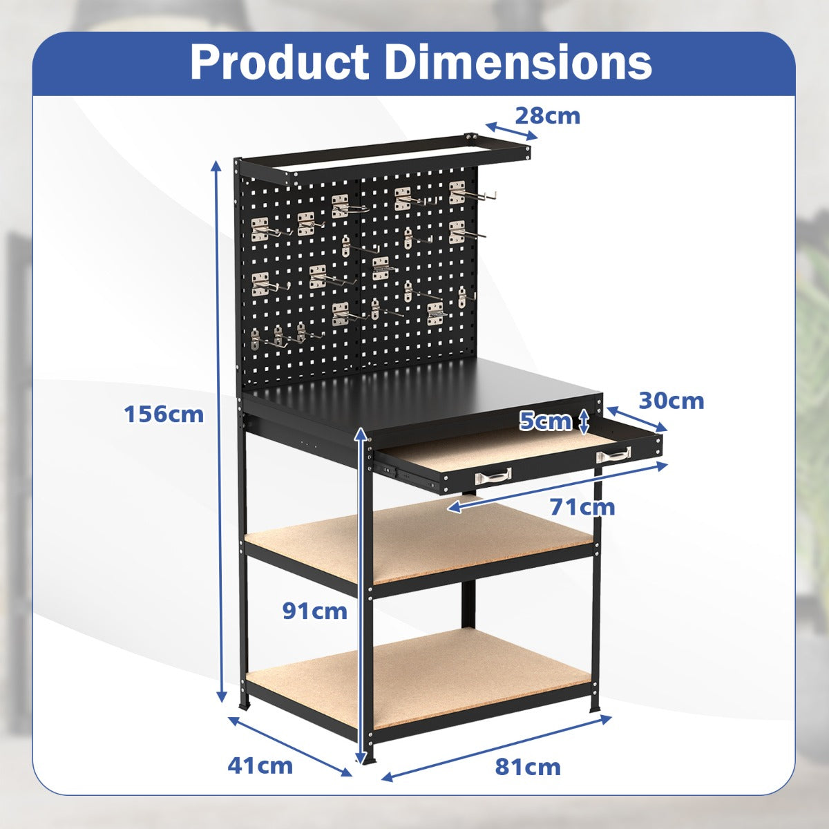 LIVSK Geperforeerde Werkbank - Robuuste Tafel met Bovenste Plank en Lade - Tot 225 kg - Inclusief Ophangaccessoires - Zwart