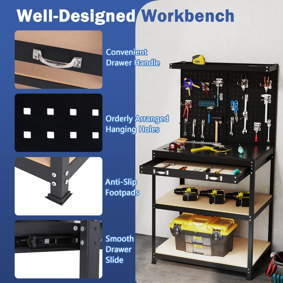 LIVSK Geperforeerde Werkbank - Robuuste Tafel met Bovenste Plank en Lade - Tot 225 kg - Inclusief Ophangaccessoires - Zwart