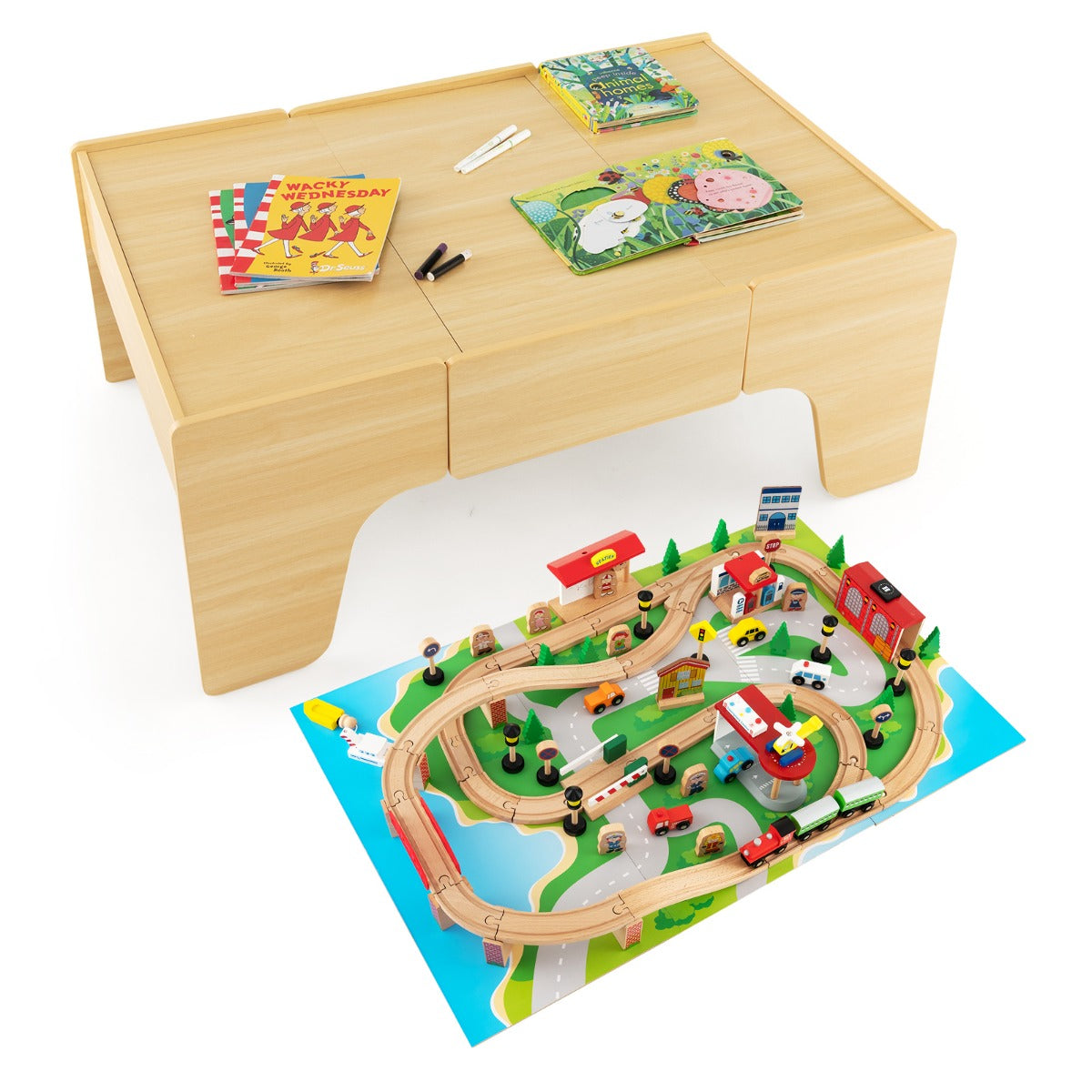 LIVSK 84-Delige Kinderspoorwegset - 2-in-1 Omkeerbaar Tafelblad - Veilig Hout - Met Grote Lade - Voor Kinderen vanaf 3 Jaar -