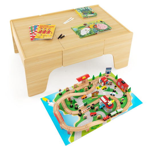 LIVSK 84-Delige Kinderspoorwegset - 2-in-1 Omkeerbaar Tafelblad - Veilig Hout - Met Grote Lade - Voor Kinderen vanaf 3 Jaar -
