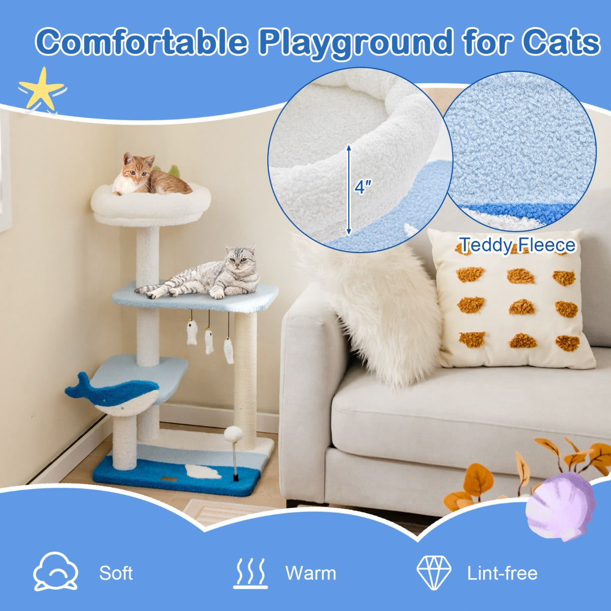 LIVSK Kattenactiviteitencentrum - Multifunctioneel met Zitstok en Platforms - Oceaanthema - Stabiel en Veilig - 49 x 38 x 86 cm -