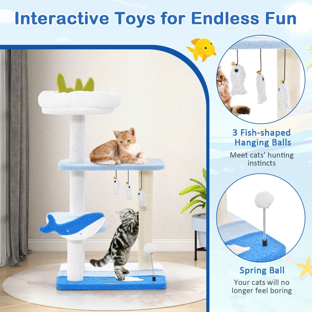 LIVSK Kattenactiviteitencentrum - Multifunctioneel met Zitstok en Platforms - Oceaanthema - Stabiel en Veilig - 49 x 38 x 86 cm -