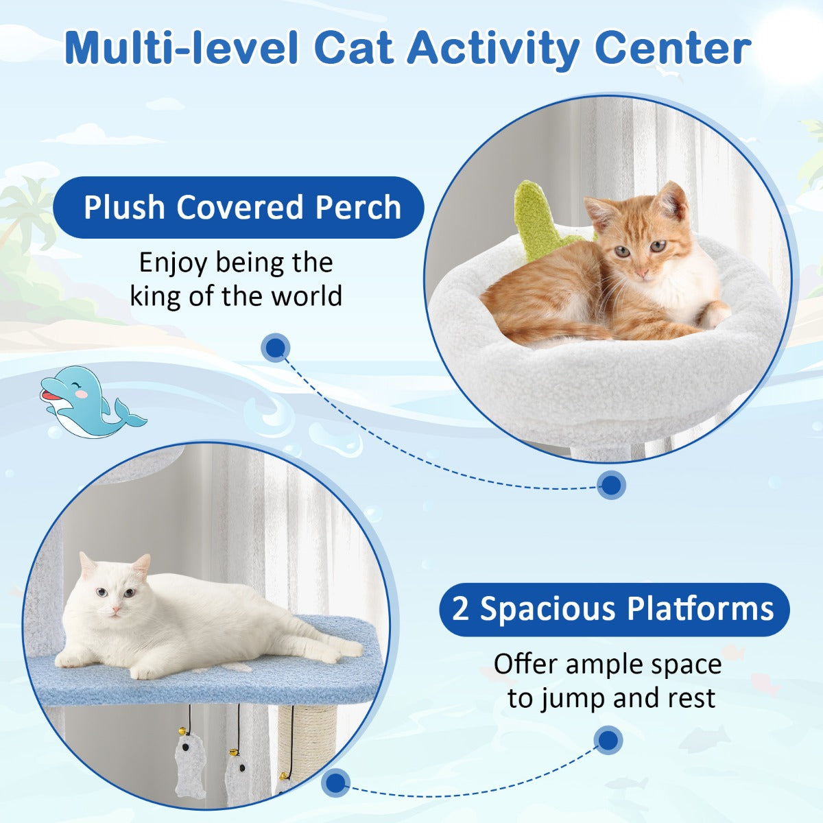 LIVSK Kattenactiviteitencentrum - Multifunctioneel met Zitstok en Platforms - Oceaanthema - Stabiel en Veilig - 49 x 38 x 86 cm -