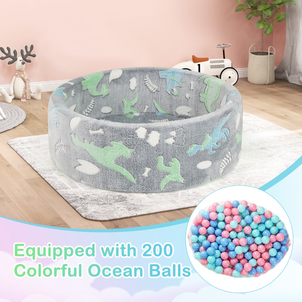 LIVSK Zachte Schuimrubberen Ballenbak - Inclusief 200 Kleurrijke Oceaanballen - Glow-in-the-Dark - Veilig en Comfortabel - Grijs