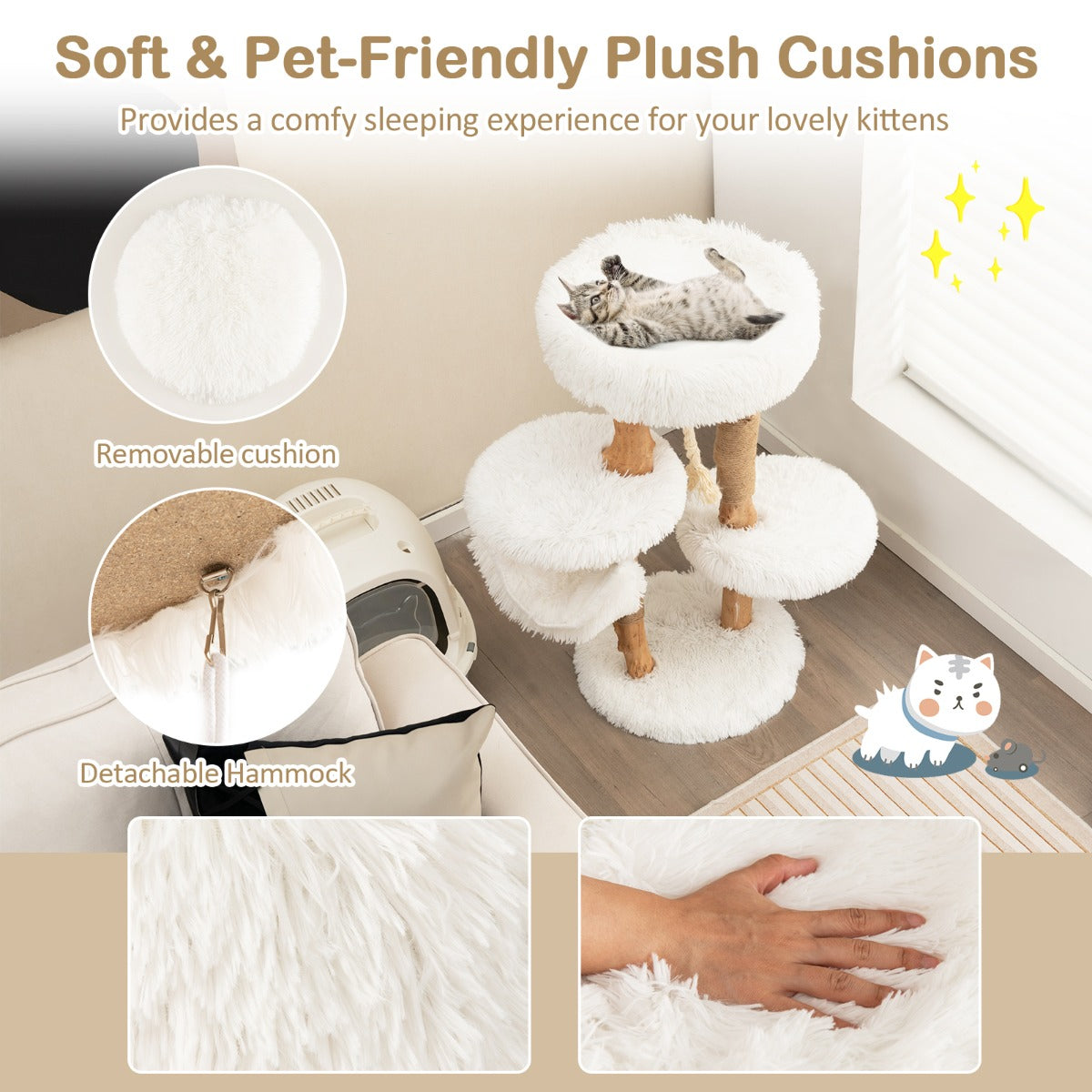 LIVSK Krabpaal voor Katten - Stevig Perenhout - Bovenste Zitstok - Hangmat - 2 Zijplatforms - 41 x 41 x 87 cm - Naturel + Wit