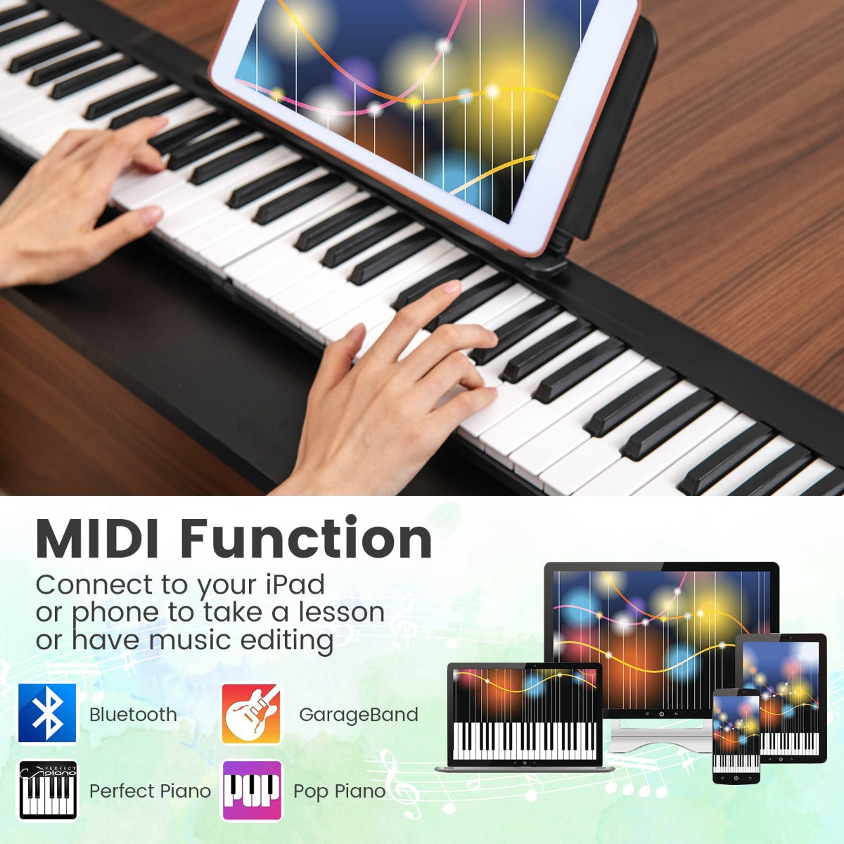 LIVSK Opvouwbaar Elektronisch Keyboard - 88 Gevoelige Toetsen - Bluetooth MIDI - 128 Geluiden en Ritmes - Draagtas - Zwart + Wit