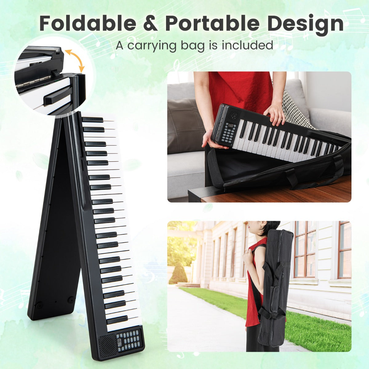 LIVSK Opvouwbaar Elektronisch Keyboard - 88 Gevoelige Toetsen - Bluetooth MIDI - 128 Geluiden en Ritmes - Draagtas - Zwart + Wit