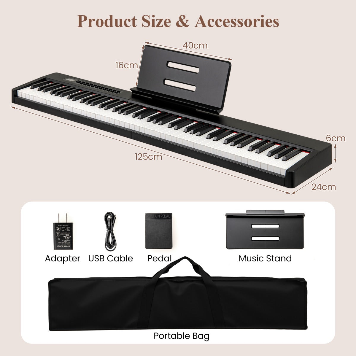 LIVSK Digitale Piano Toetsenbord - 88 Aanslaggevoelige Toetsen - 380 Geluiden - Draagbaar met Accessoires - Voor Beginners en