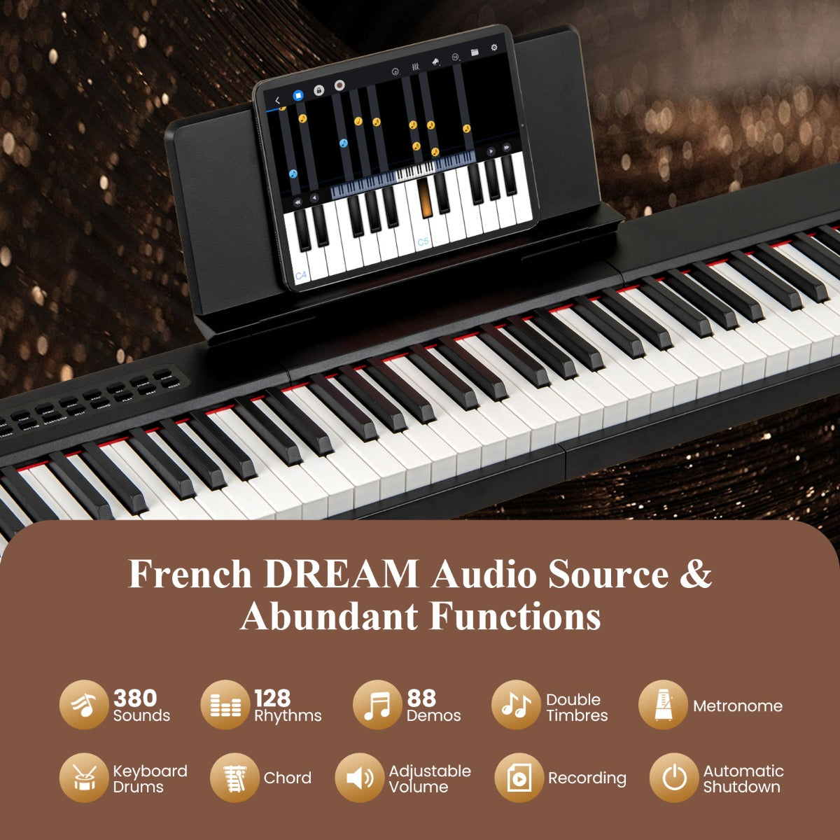 LIVSK Digitale Piano Toetsenbord - 88 Aanslaggevoelige Toetsen - 380 Geluiden - Draagbaar met Accessoires - Voor Beginners en