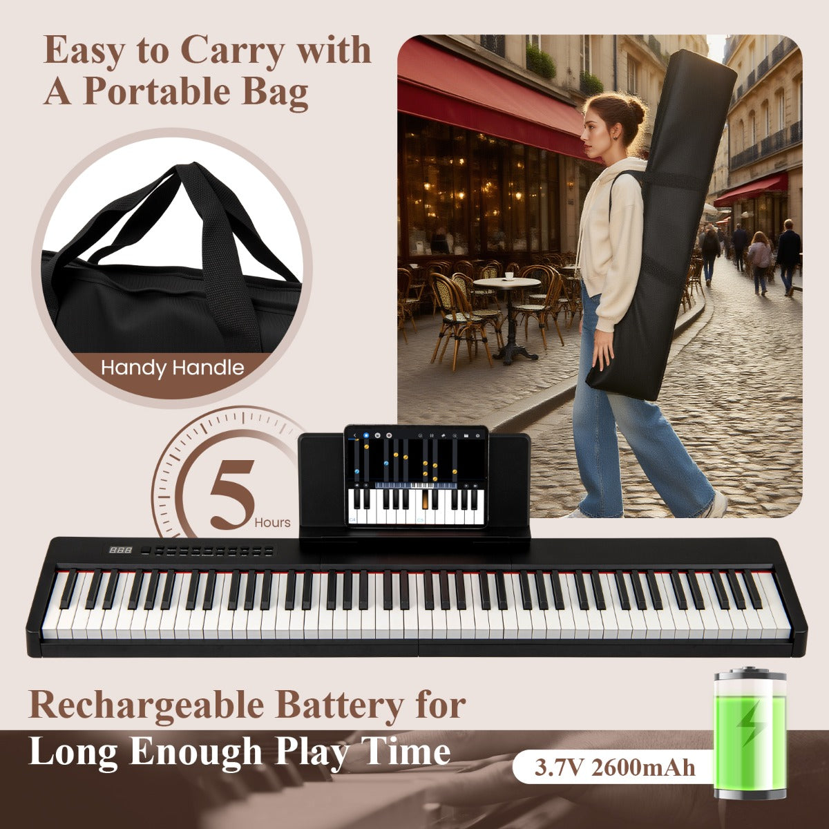 LIVSK Digitale Piano Toetsenbord - 88 Aanslaggevoelige Toetsen - 380 Geluiden - Draagbaar met Accessoires - Voor Beginners en