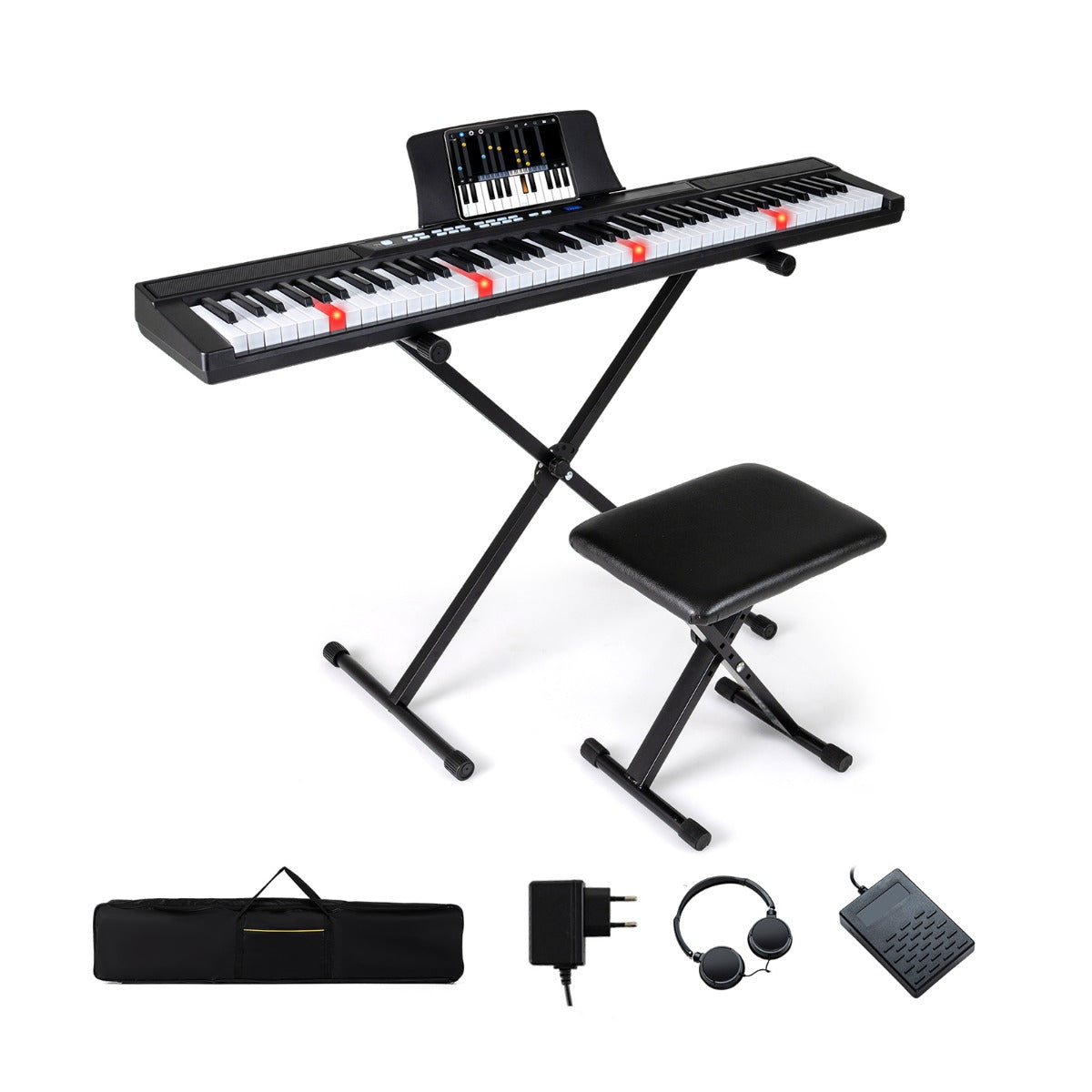 Livsk costway 88 toetsen e piano keyboard digitale piano met verstelbare standaard en kruk volledig toetsenbord met aanslaggevoelige toetsen verlichte toetsen midi functie sustainpedaal hoofdtelefoon draagt